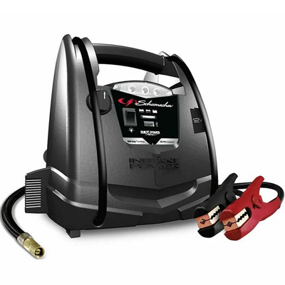 SCHUMACHER<sup>&reg;</sup> Portable Power w/ Air Compressor - Made for premium jump starting and emergency power, it provides up to 1000 peak amps to jump start cars reliably when needed. Includes a 12V power and USB port in addition to a 150-psi air compressor for inflating, deflating tires, mattresses or pool rafts. This product is compatible with 4- to 8-cylinder engines, and 8.0L gas and 6.0L diesel engines.